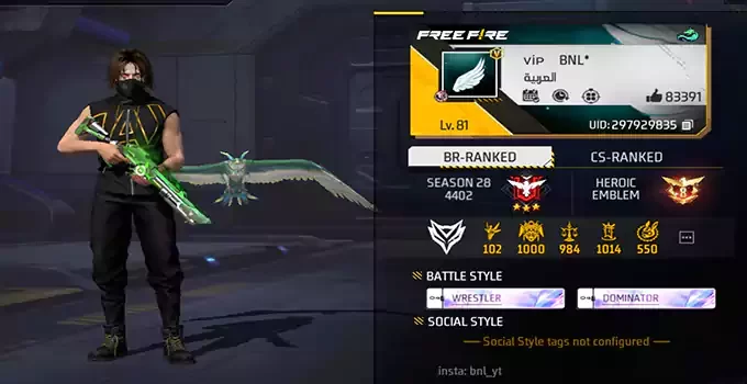 OP BNL’s Free Fire MAX ID, stats, KD ratio, headshots, and YouTube income 2022